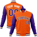 Custom Orange & Purple & Gold Color Block Cotton-Blend Full-Snap Varsity Jacket - front view