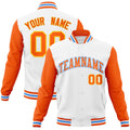 Personalized White & Orange & Powder Blue Color Block Cotton-Blend Full-Snap Varsity Jacket - front view