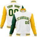 Custom White & Green & Gold Color Block Cotton-Blend Full-Snap Varsity Jacket - front view