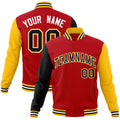 Custom Red & Black & Gold Color Block Cotton-Blend Full-Snap Varsity Jacket - front view