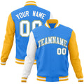 Personalized Powder Blue & White & Gold Color Block Cotton-Blend Full-Snap Varsity Jacket - front view