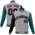 Custom Gray & Black & Teal Color Block Cotton-Blend Full-Snap Varsity Jacket - front view