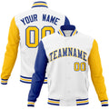 Personalized White & Royal Blue & Gold Color Block Cotton-Blend Full-Snap Varsity Jacket - front view