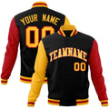 Custom Black & Gold & Red Color Block Cotton-Blend Full-Snap Varsity Jacket - front view