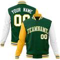 Custom Green & White & Gold Color Block Cotton-Blend Full-Snap Varsity Jacket - front view