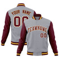 Custom Gray & Crimson & Khaki Color Block Cotton-Blend Full-Snap Varsity Jacket - front view