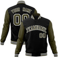 Personalized Black & Olive & White Color Block Cotton-Blend Full-Snap Varsity Jacket - front view