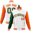 Custom White & Green & Orange Color Block Cotton-Blend Full-Snap Varsity Jacket - front view