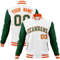 Custom White & Green & Orange Color Block Cotton-Blend Full-Snap Varsity Jacket - front view