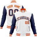 Personalized White & Navy & Orange Color Block Cotton-Blend Full-Snap Varsity Jacket - front view