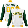 Custom White & Green & Gold Color Block Cotton-Blend Full-Snap Varsity Jacket - front view