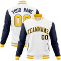 Custom White & Navy & Gold Color Block Cotton-Blend Full-Snap Varsity Jacket - front view