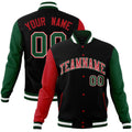 Personalized Black & Red & Green Color Block Cotton-Blend Full-Snap Varsity Jacket - front view