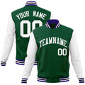 Custom Green & White Color Block Cotton-Blend Full-Snap Varsity Jacket - front view