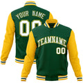 Custom Green & Gold & White Color Block Cotton-Blend Full-Snap Varsity Jacket - front view