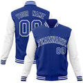 Custom Royal Blue & White Color Block Cotton-Blend Full-Snap Varsity Jacket - front view