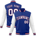 Personalized Royal Blue & White & Red Color Block Cotton-Blend Full-Snap Varsity Jacket - front view