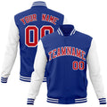 Custom Royal Blue & Red & White Color Block Cotton-Blend Full-Snap Varsity Jacket - front view