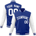 Custom Royal Blue & White Color Block Cotton-Blend Full-Snap Varsity Jacket - front view