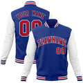 Personalized Royal Blue & White & Red Color Block Cotton-Blend Full-Snap Varsity Jacket - front view