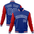Custom Royal Blue & Red & White Color Block Cotton-Blend Full-Snap Varsity Jacket - front view
