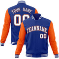 Custom Royal Blue & Orange & White Color Block Cotton-Blend Full-Snap Varsity Jacket - front view