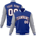 Custom Royal Blue & Gray & White Color Block Cotton-Blend Full-Snap Varsity Jacket - front view