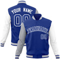 Custom Royal Blue & White Color Block Cotton-Blend Full-Snap Varsity Jacket - front view