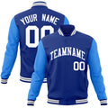 Personalized Royal Blue & Powder Blue & White Color Block Cotton-Blend Full-Snap Varsity Jacket - front view