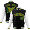 Custom Black & White & Gold Color Block Cotton-Blend Full-Snap Varsity Jacket - front view