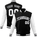 Custom Black & White Color Block Cotton-Blend Full-Snap Varsity Jacket - front view