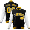 Personalized Black & White & Gold Color Block Cotton-Blend Full-Snap Varsity Jacket - front view