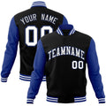 Custom Black & Royal Blue & White Color Block Cotton-Blend Full-Snap Varsity Jacket - front view