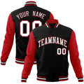 Custom Black & Red & White Color Block Cotton-Blend Full-Snap Varsity Jacket - front view