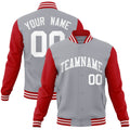 Custom Gray & Red & White Color Block Cotton-Blend Full-Snap Varsity Jacket - front view