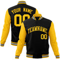 Custom Black & Gold Color Block Cotton-Blend Full-Snap Varsity Jacket - front view