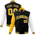 Personalized Black & White & Gold Color Block Cotton-Blend Full-Snap Varsity Jacket - front view