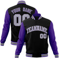 Custom Black & Gray & Purple Color Block Cotton-Blend Full-Snap Varsity Jacket - front view