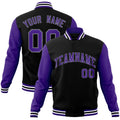 Personalized Black & Purple & White Color Block Cotton-Blend Full-Snap Varsity Jacket - front view