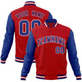 Personalized Red & Royal Blue & White Color Block Cotton-Blend Full-Snap Varsity Jacket - front view