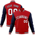 Custom Red & White & Navy Color Block Cotton-Blend Full-Snap Varsity Jacket - front view