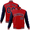 Personalized Red & Navy & White Color Block Cotton-Blend Full-Snap Varsity Jacket - front view