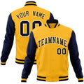 Custom Gold & Navy & White Color Block Cotton-Blend Full-Snap Varsity Jacket - front view