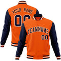 Custom Orange & Navy & White Color Block Cotton-Blend Full-Snap Varsity Jacket - front view