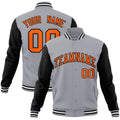 Custom Gray & Orange & Black Color Block Cotton-Blend Full-Snap Varsity Jacket - front view
