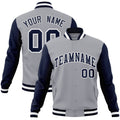 Personalized Gray & Navy & White Color Block Cotton-Blend Full-Snap Varsity Jacket - front view