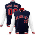 Custom Navy & Red & White Color Block Cotton-Blend Full-Snap Varsity Jacket - front view