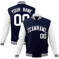 Custom Navy & White Color Block Cotton-Blend Full-Snap Varsity Jacket - front view