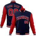 Custom Navy & Red & White Color Block Cotton-Blend Full-Snap Varsity Jacket - front view