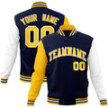 Custom Navy & Gold & White Color Block Cotton-Blend Full-Snap Varsity Jacket - front view